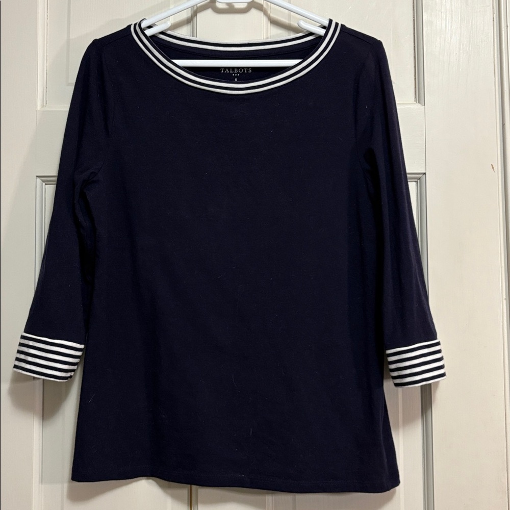 Talbots Sailor Navy and White STRIPE TRIM TOP Size S